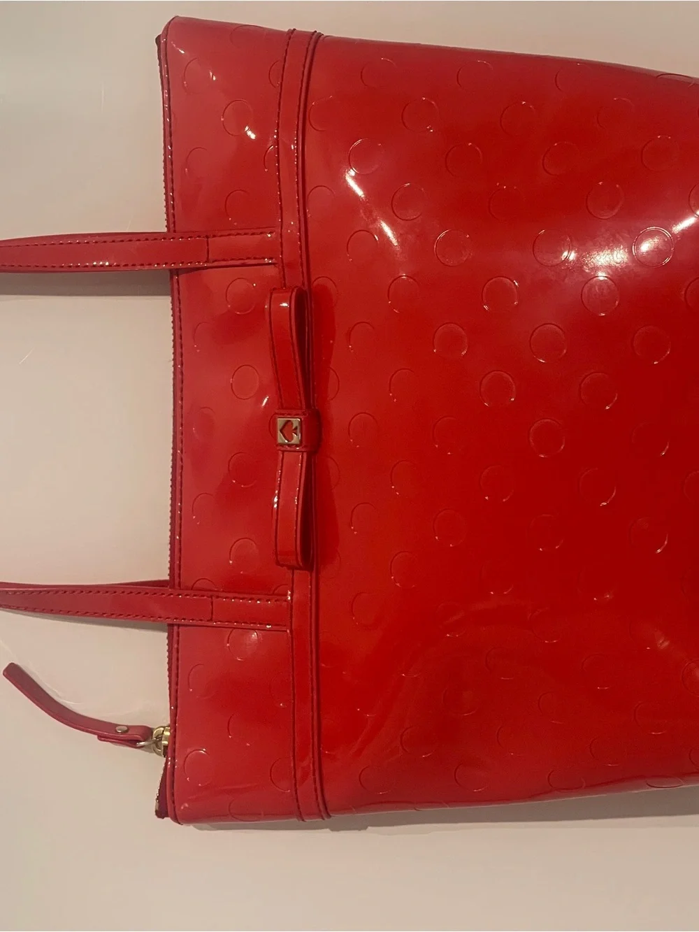 Kate Spade Camelia St.Jeralyn Red Patent Polka Dot Tote Bag with Bow Accent